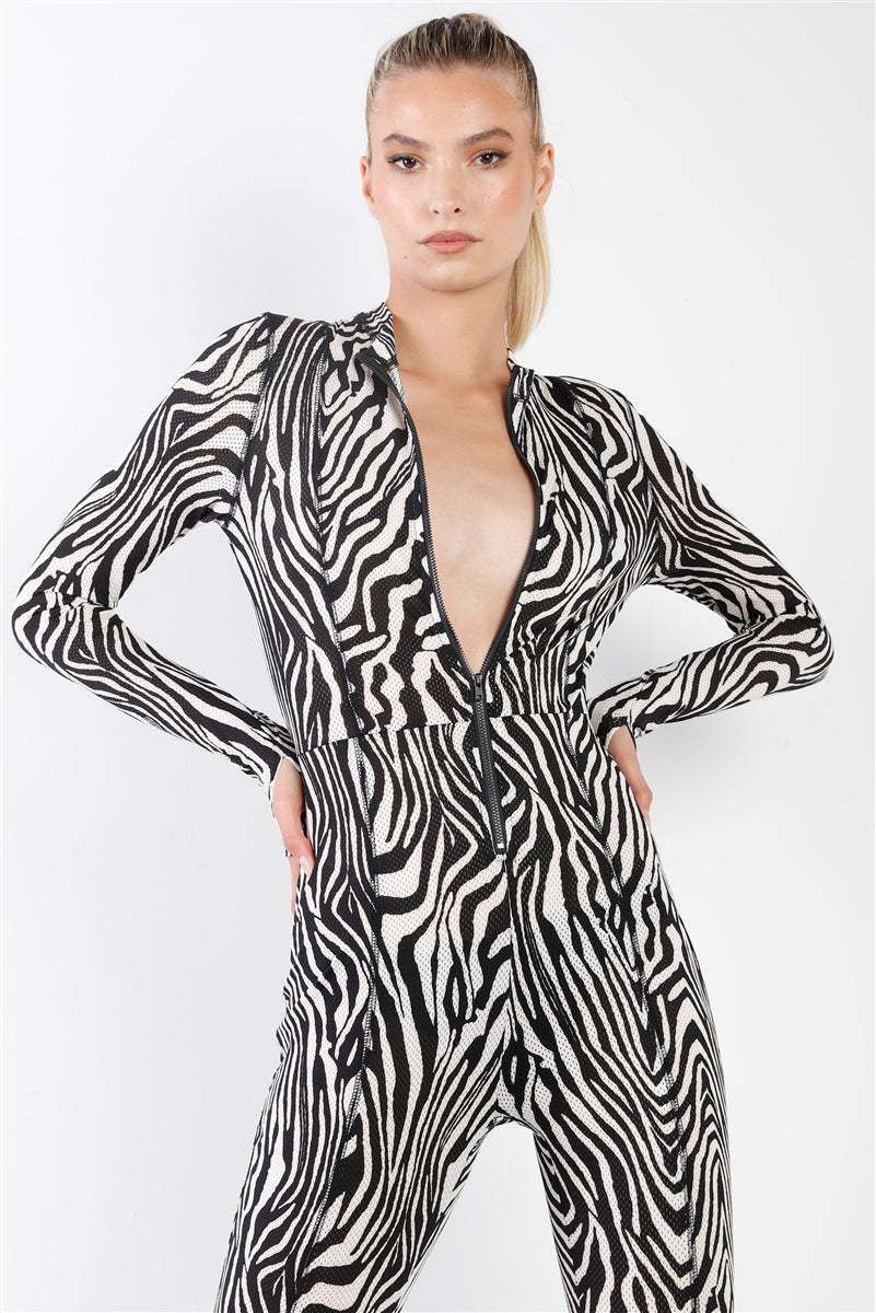 Black & White Zebra Print Long Sleeve High-neck Front Zip Fitted Catsuit / Jumpsuit Black & White Zebra Print Long Sleeve High-neck Front Zip Fitted Catsuit / Jumpsuit - M&R CORNER M&R CORNER