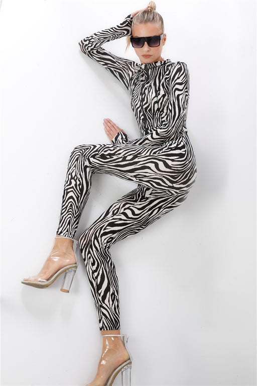 Black & White Zebra Print Long Sleeve High-neck Front Zip Fitted Catsuit / Jumpsuit Black & White Zebra Print Long Sleeve High-neck Front Zip Fitted Catsuit / Jumpsuit - M&R CORNER M&R CORNER