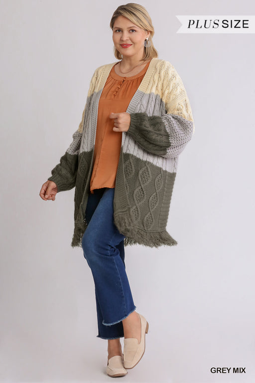 Patchwork Knitted Open Front Cardigan Sweater With Frayed Hem Patchwork Knitted Open Front Cardigan Sweater With Frayed Hem - M&R CORNER M&R CORNER