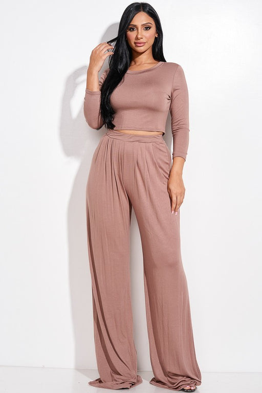 Solid 3/4 Sleeve Top And Wide Leg Pleated Pants Two Piece Set Solid 3/4 Sleeve Top And Wide Leg Pleated Pants Two Piece Set - M&R CORNER M&R CORNER