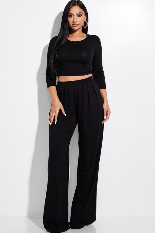 Solid 3/4 Sleeve Top And Wide Leg Pleated Pants Two Piece Set Solid 3/4 Sleeve Top And Wide Leg Pleated Pants Two Piece Set - M&R CORNER M&R CORNER