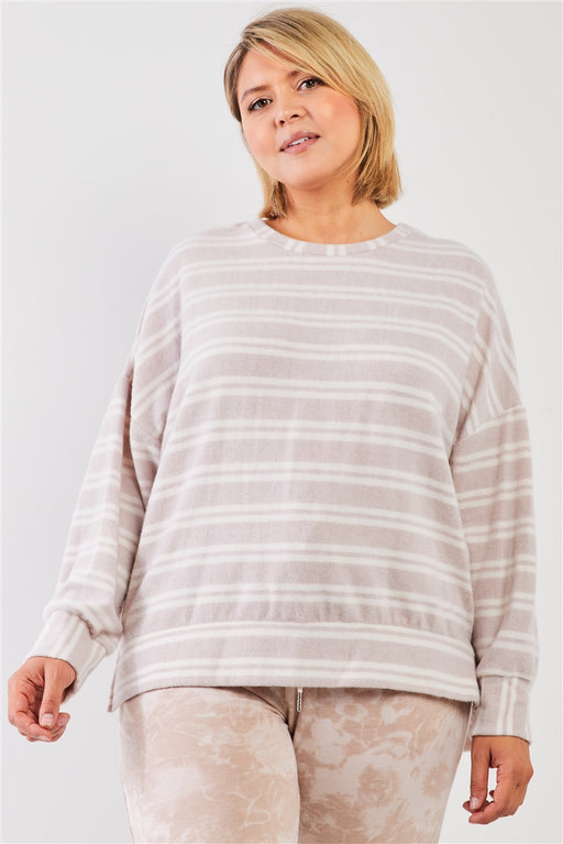 Plus Taupe & Ivory Striped Polyester Fleece Round Neck Dropped Shoulder Long Sleeves Uneven Relaxed Top Plus Taupe & Ivory Striped Polyester Fleece Round Neck Dropped Shoulder Long Sleeves Uneven Relaxed Top - M&R CORNER M&R CORNER