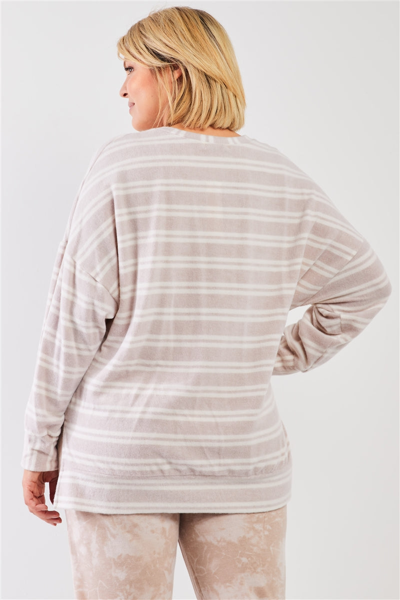 Plus Taupe & Ivory Striped Polyester Fleece Round Neck Dropped Shoulder Long Sleeves Uneven Relaxed Top Plus Taupe & Ivory Striped Polyester Fleece Round Neck Dropped Shoulder Long Sleeves Uneven Relaxed Top - M&R CORNER M&R CORNER