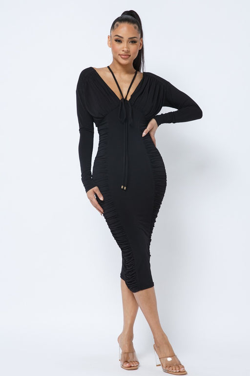 Long Sleeve Midi Dress With Low V Neck Front And Back With Ruching On Sides And Chest Long Sleeve Midi Dress With Low V Neck Front And Back With Ruching On Sides And Chest - M&R CORNER M&R CORNER
