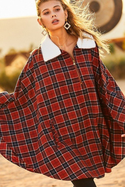 Mock Neck With Zipper Contrast Inside Front Pocket Plaid Poncho Mock Neck With Zipper Contrast Inside Front Pocket Plaid Poncho - M&R CORNER M&R CORNER