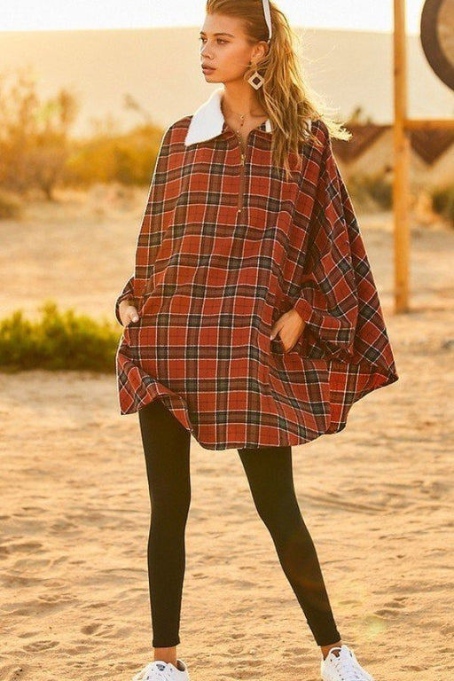 Mock Neck With Zipper Contrast Inside Front Pocket Plaid Poncho Mock Neck With Zipper Contrast Inside Front Pocket Plaid Poncho - M&R CORNER M&R CORNER