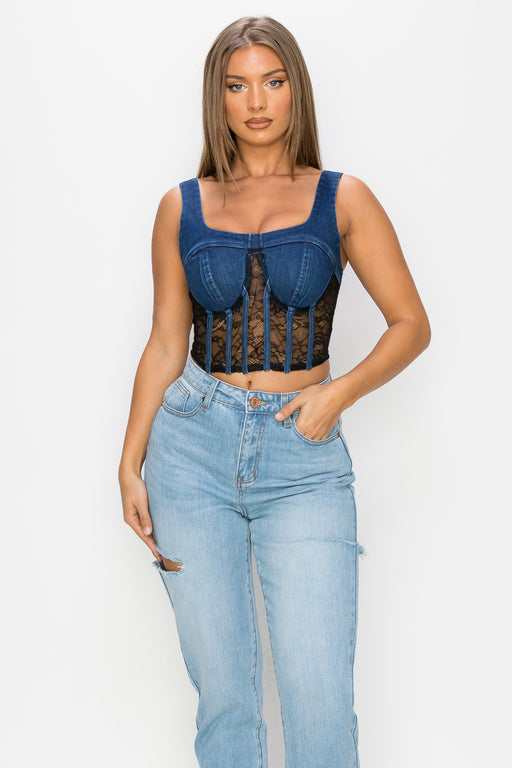 Floral Lace And Denim Crop Top Floral Lace And Denim Crop Top - M&R CORNER M&R CORNER