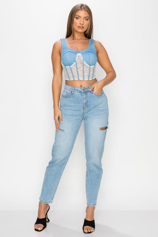 Floral Lace And Denim Crop Top Floral Lace And Denim Crop Top - M&R CORNER M&R CORNER