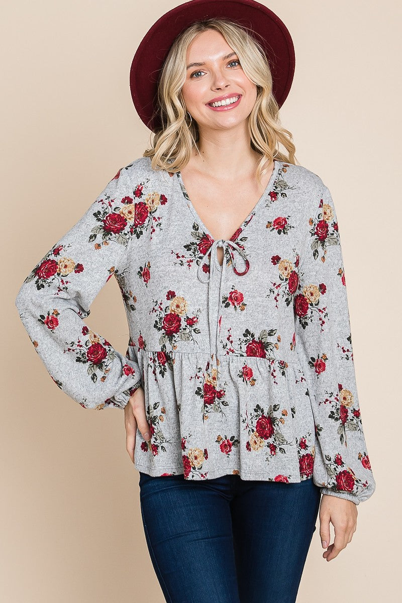 Floral Hacci Printed Babydoll Top With Elastic Cuff Sleeves Floral Hacci Printed Babydoll Top With Elastic Cuff Sleeves - M&R CORNER M&R CORNER