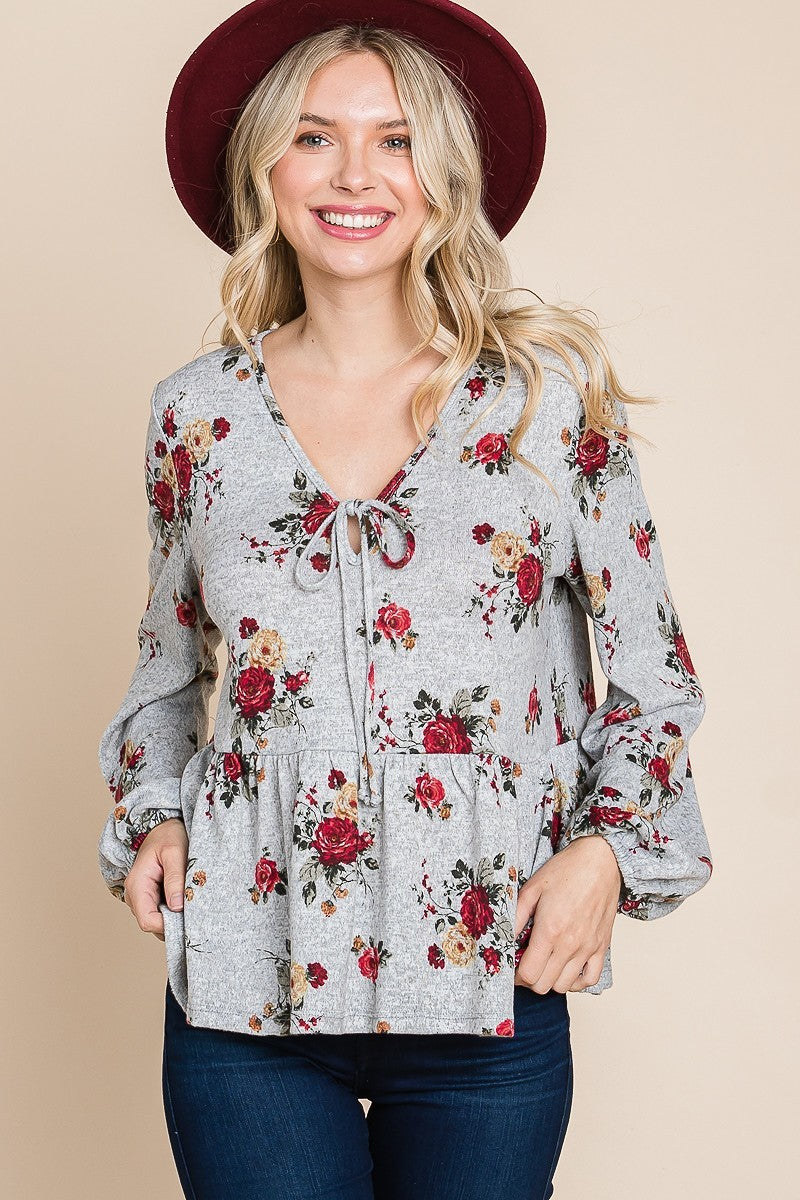 Floral Hacci Printed Babydoll Top With Elastic Cuff Sleeves Floral Hacci Printed Babydoll Top With Elastic Cuff Sleeves - M&R CORNER M&R CORNER