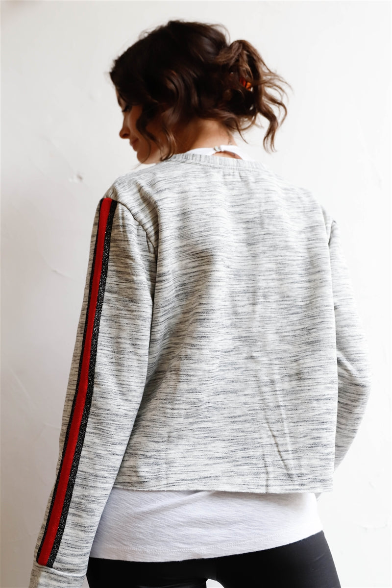 Heather Grey Lurex Stripe Sleeve Detail Raw Hem Sweatshirt Heather Grey Lurex Stripe Sleeve Detail Raw Hem Sweatshirt - M&R CORNER M&R CORNER