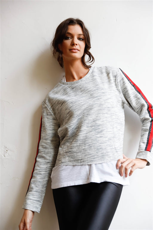 Heather Grey Lurex Stripe Sleeve Detail Raw Hem Sweatshirt Heather Grey Lurex Stripe Sleeve Detail Raw Hem Sweatshirt - M&R CORNER M&R CORNER