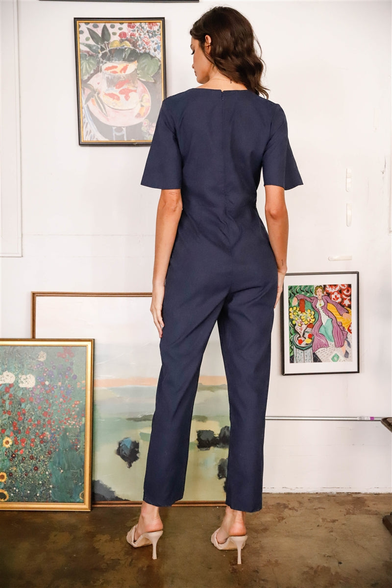 Navy Front Side Buckle Belt Detail Wrap Jumpsuit Navy Front Side Buckle Belt Detail Wrap Jumpsuit - M&R CORNER M&R CORNER