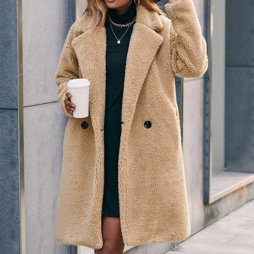 Sherpa Double-Breasted Lapel Collar Duster Coat
