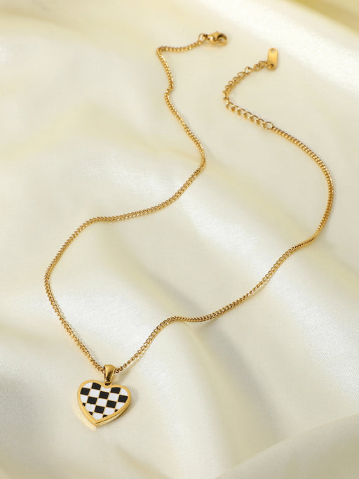 Checkerboard Heart Pendant Chain Necklace Checkerboard Heart Pendant Chain Necklace - M&R CORNER Trendsi Checkered/Gold / One Size