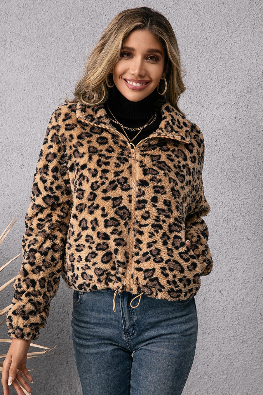 Leopard Zip Up Fleece Jacket with Pockets