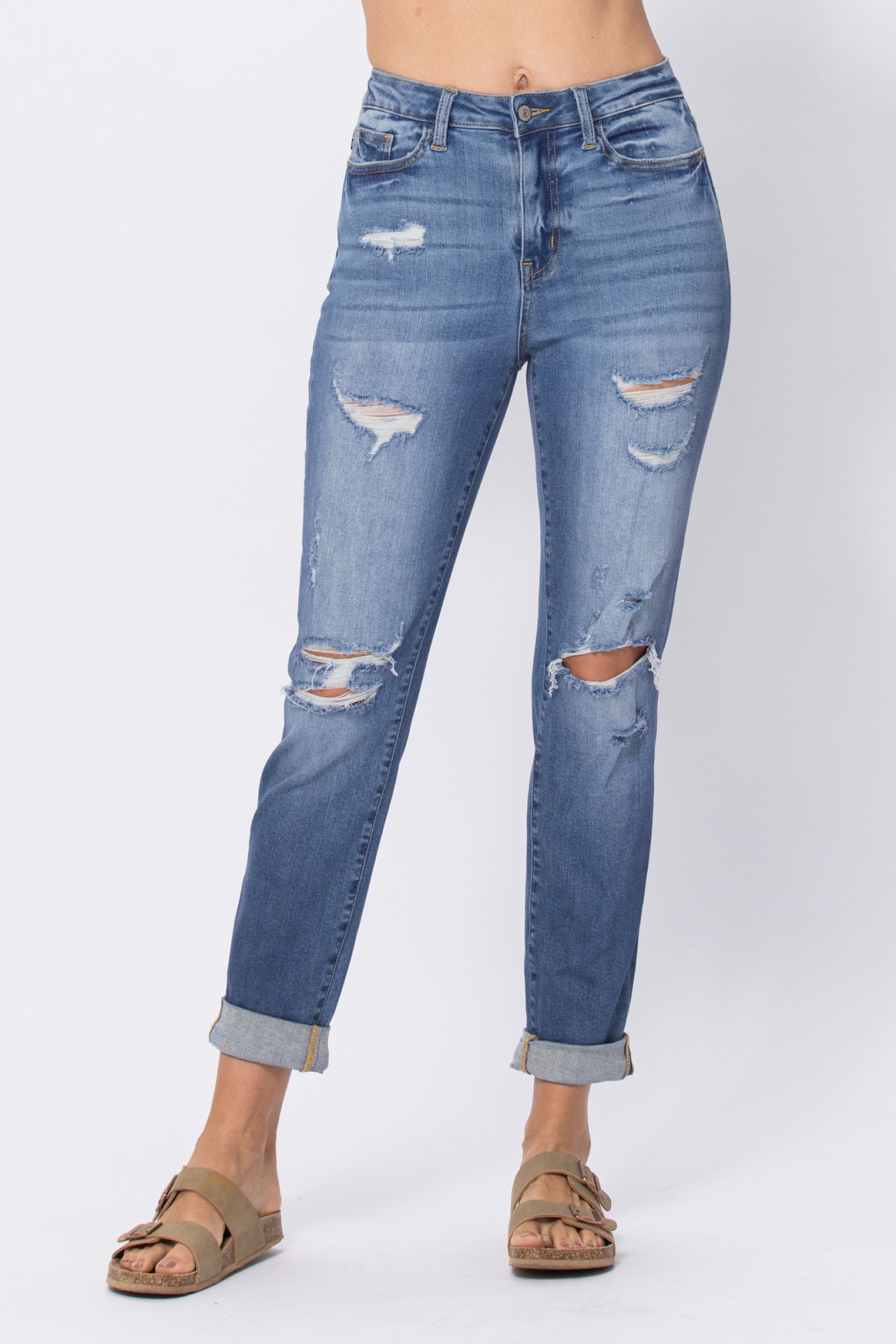 Judy Blue Mid Rise Cuffed Distressed Jeans Judy Blue Mid Rise Cuffed Distressed Jeans - M&R CORNER Trendsi