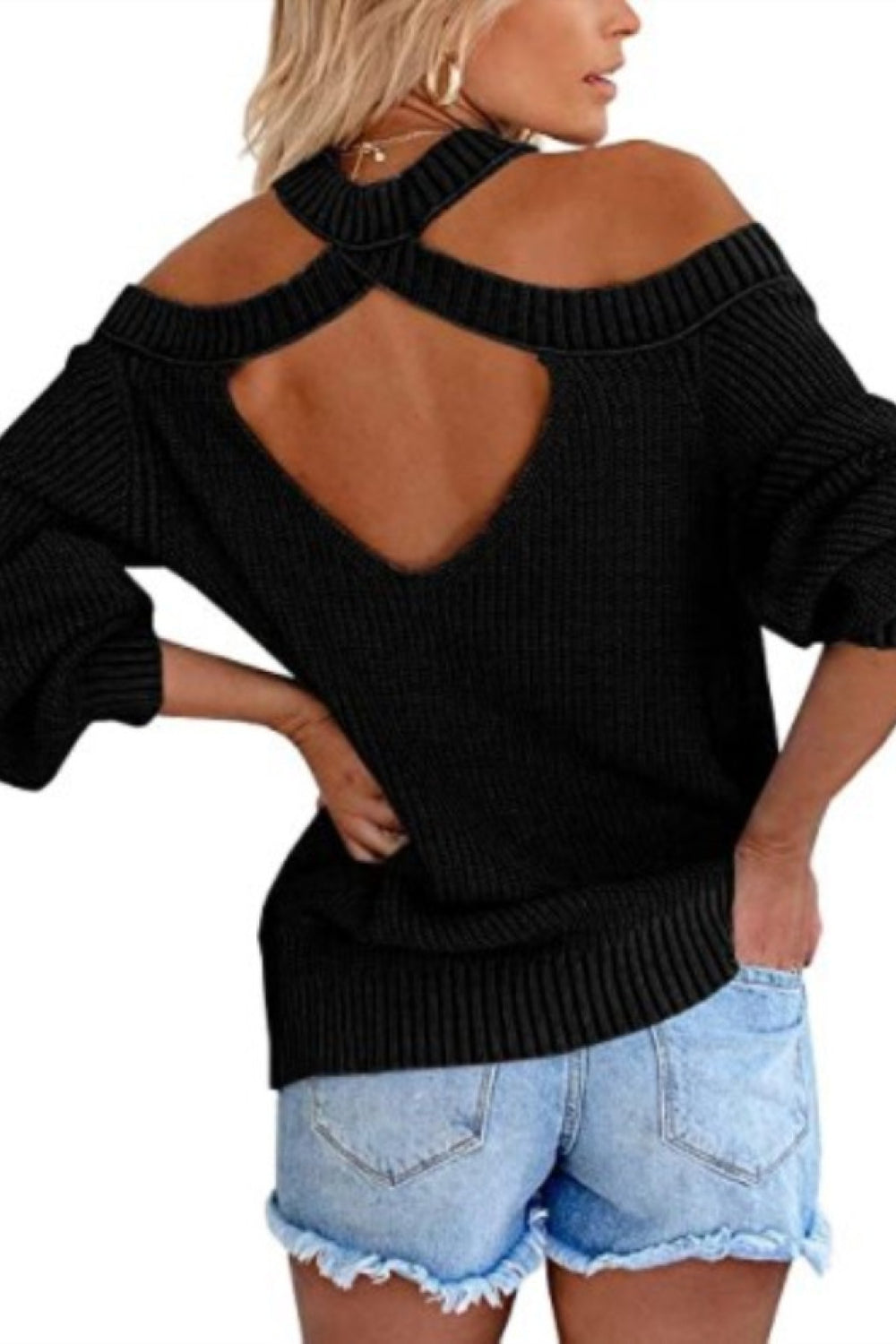 Cold Shoulder Cutout Back Rib-Knit Sweater