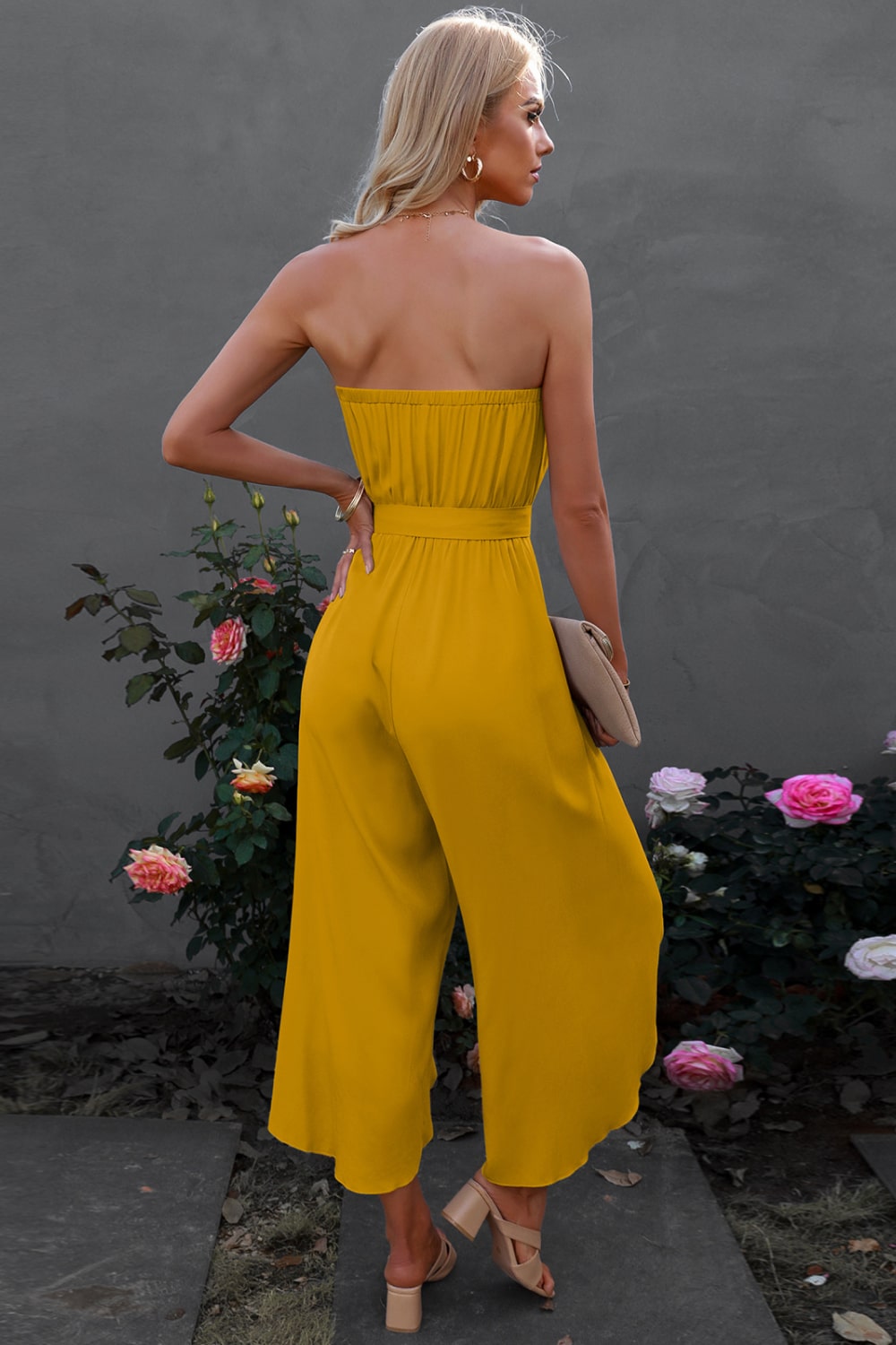 Lace Trim Tie-Waist Strapless Cropped Jumpsuit