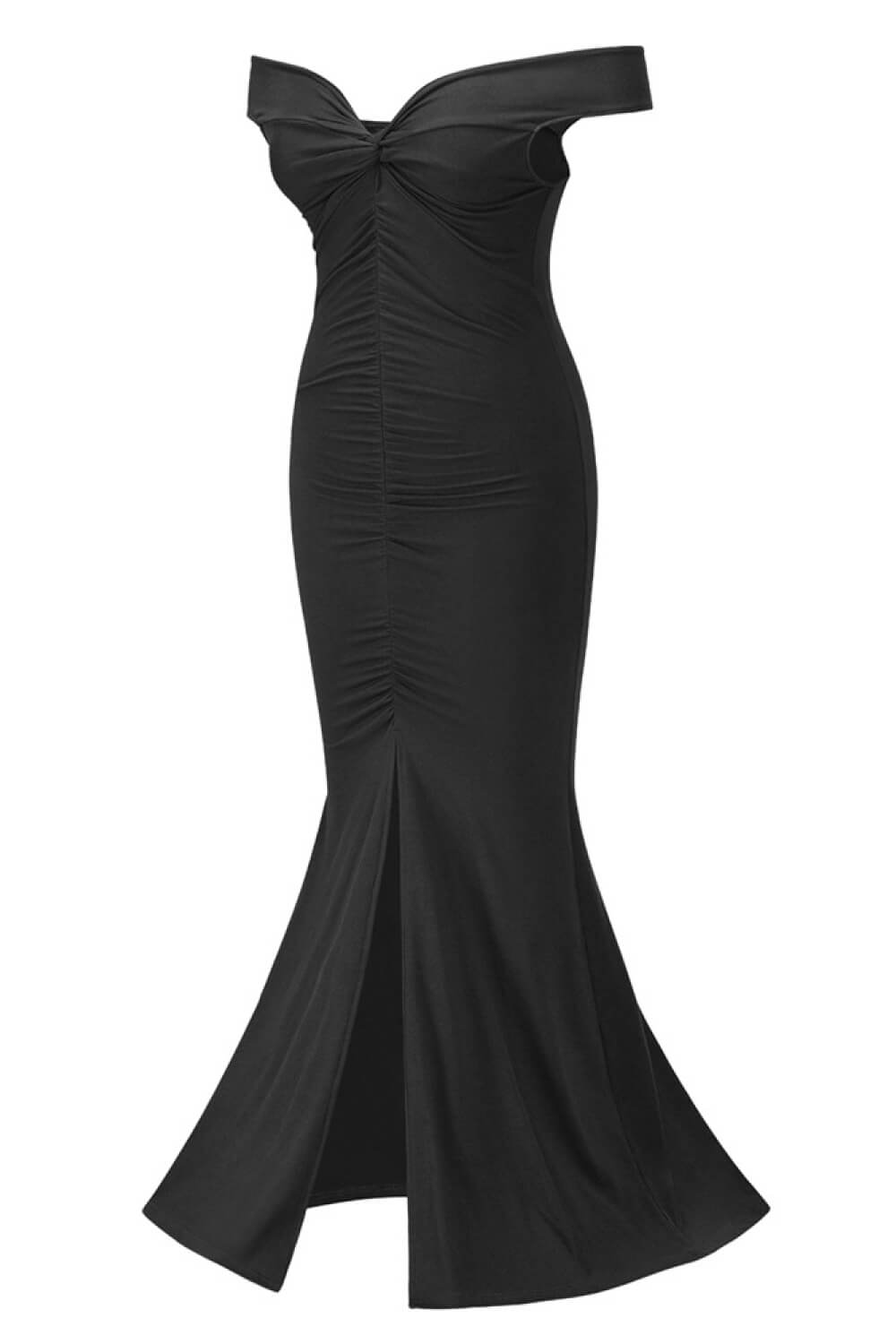 Ruched Off-Shoulder Front Slit Floor-Length Dress