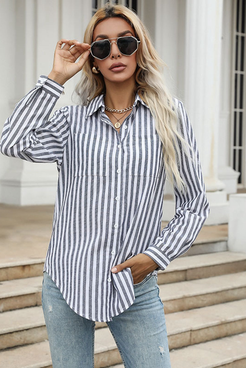 Striped Collared Neck Single Breasted Shirt