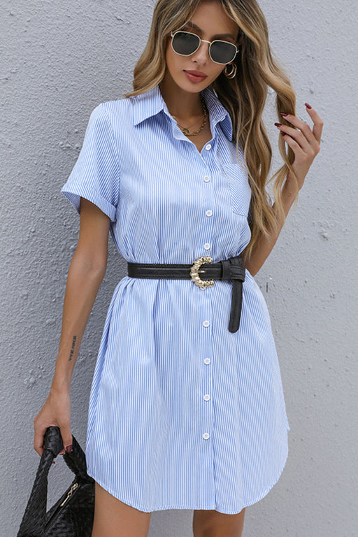 Striped Button Front Mini Shirt Dress（Belt Not Included) Striped Button Front Mini Shirt Dress（Belt Not Included) - M&R CORNER Trendsi