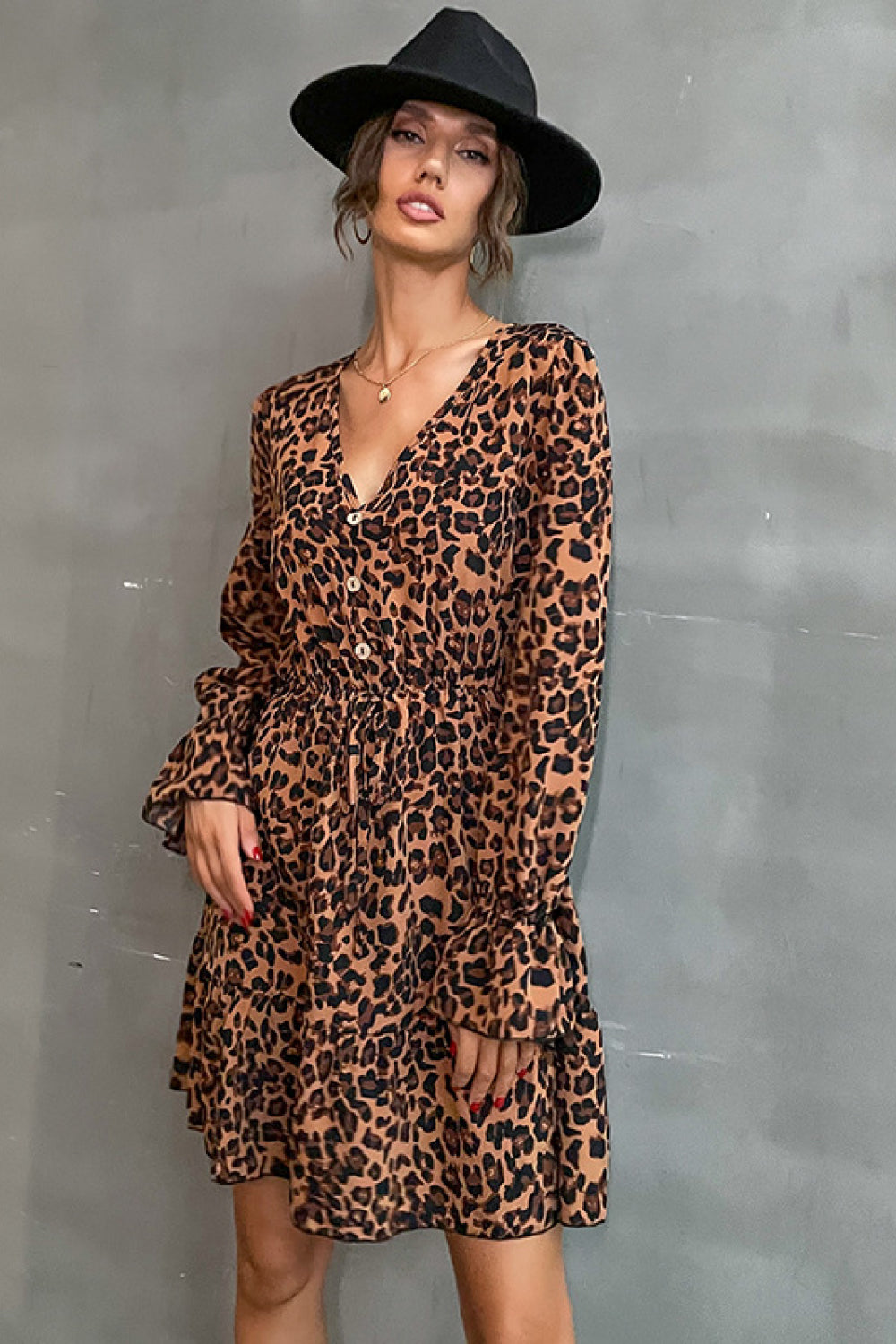 Leopard Trumpet Sleeve Dress