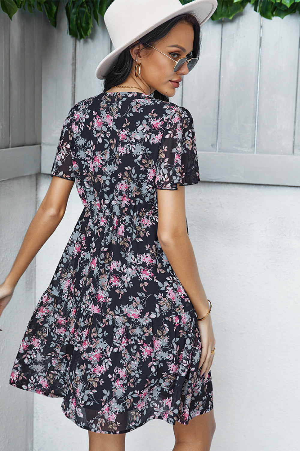 Floral Notched Tiered Short Sleeve Dress