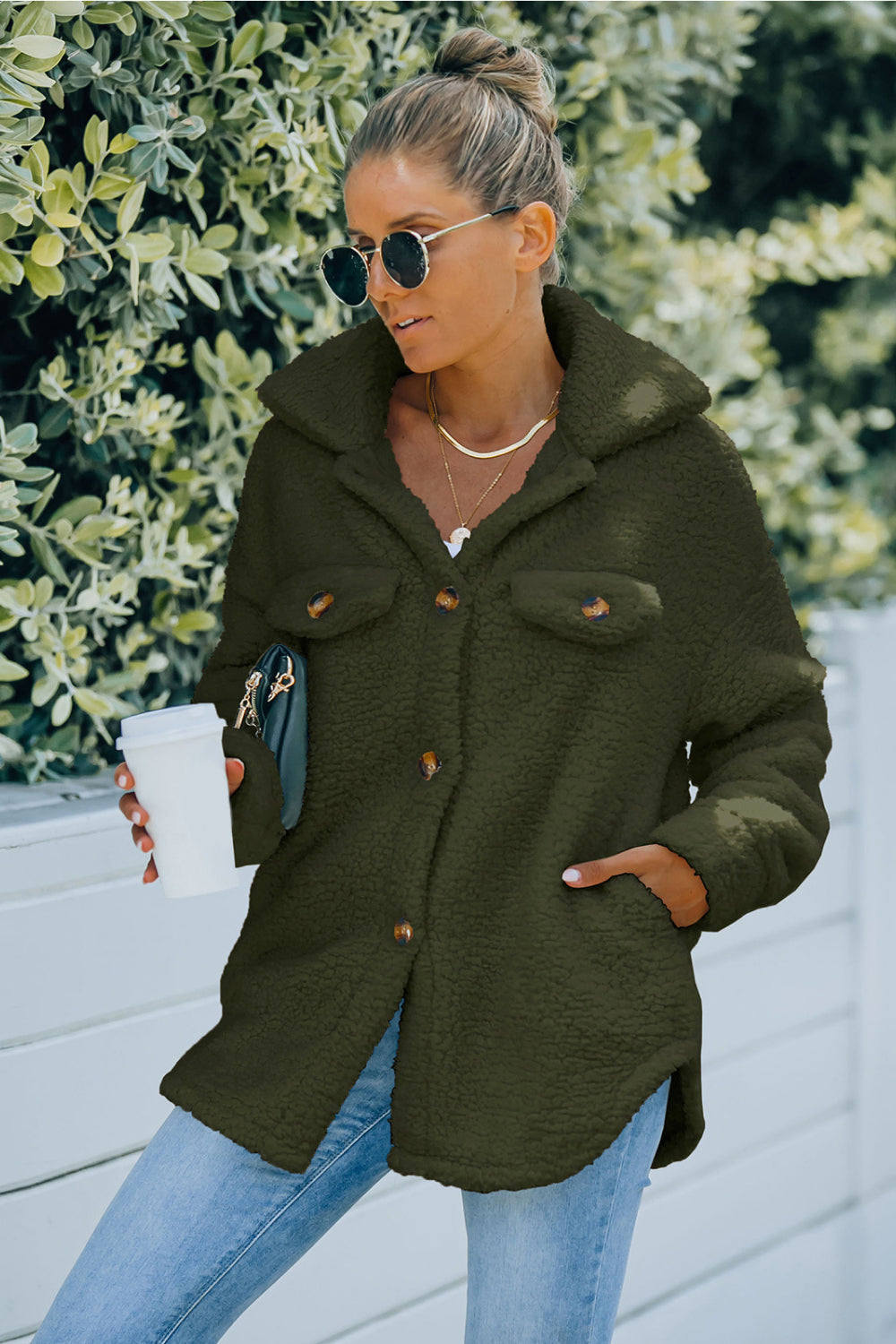 Button Down Drop Shoulder Teddy Jacket Button Down Drop Shoulder Teddy Jacket - M&R CORNERJacket Trendsi Army Green / S