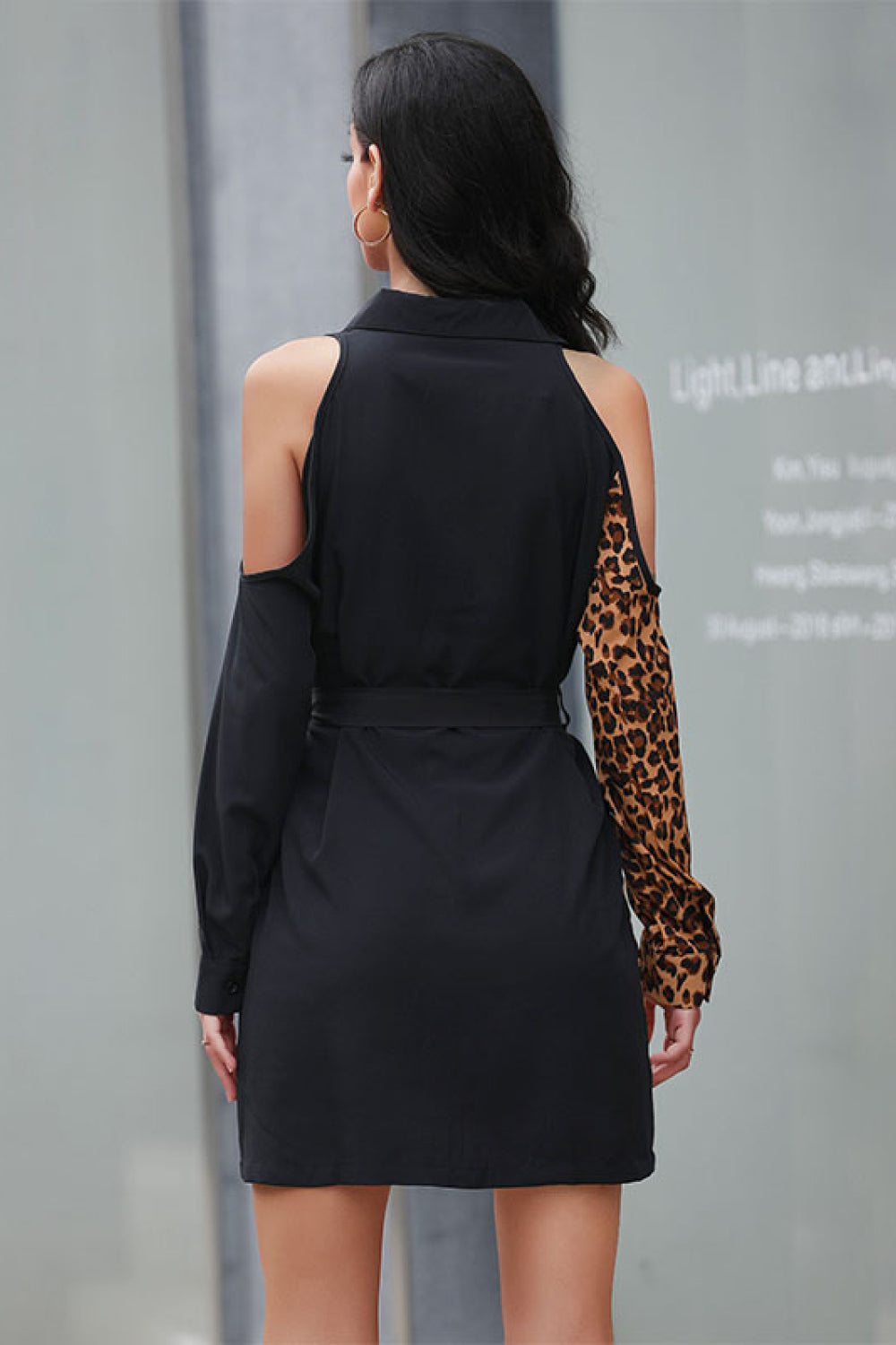 Leopard Tie Waist Cold Shoulder Mini Shirt Dress