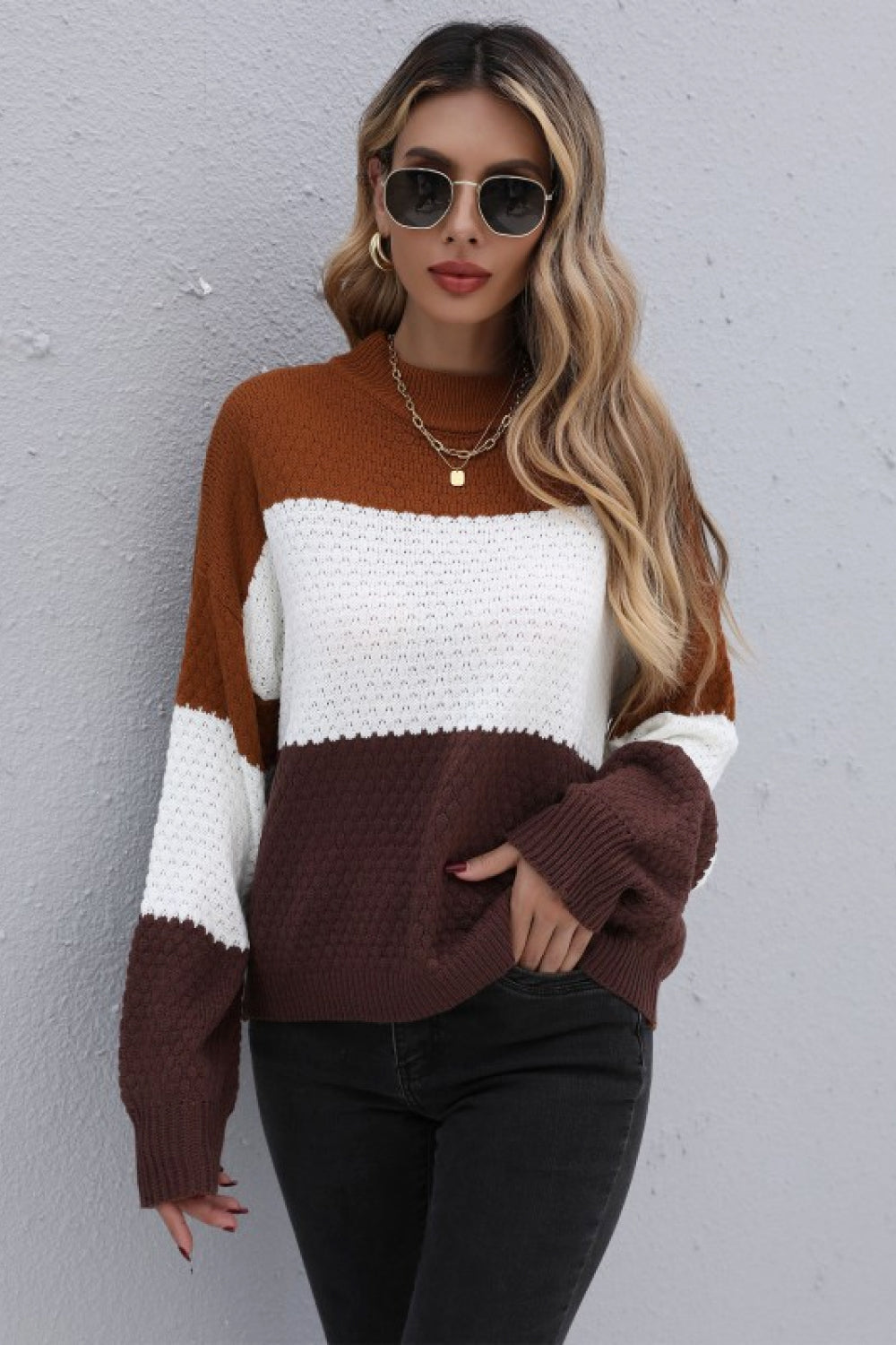 Color Block Long Sleeve Sweater Color Block Long Sleeve Sweater - M&R CORNER Trendsi Brown / S