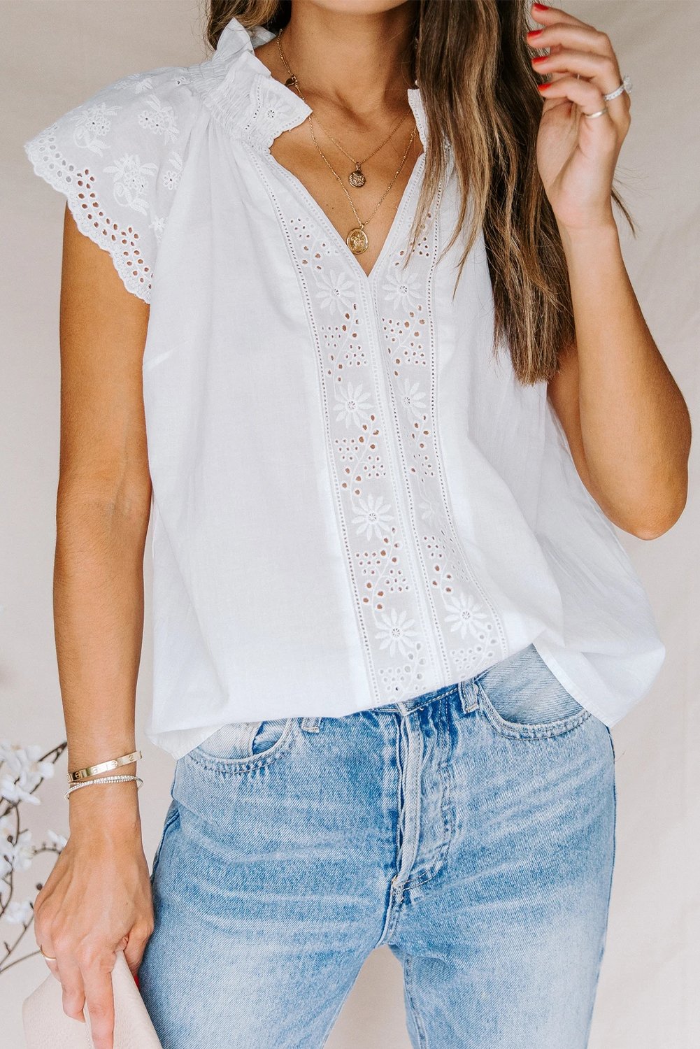 Embroidered Eyelet Cap Sleeves Top Embroidered Eyelet Cap Sleeves Top - M&R CORNER Trendsi