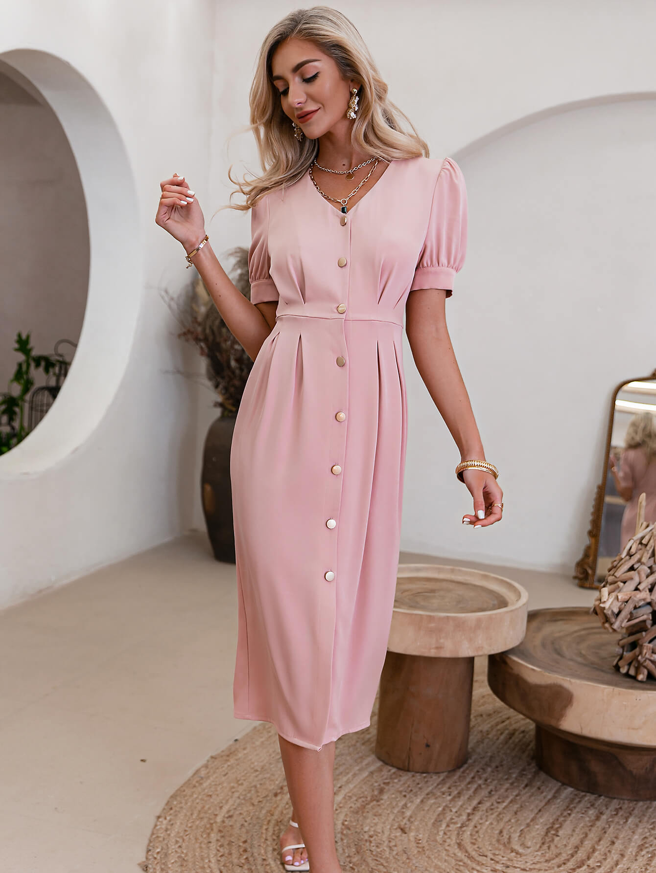 Button Down Puff Sleeve V-Neck Dress (Belt Not Included)