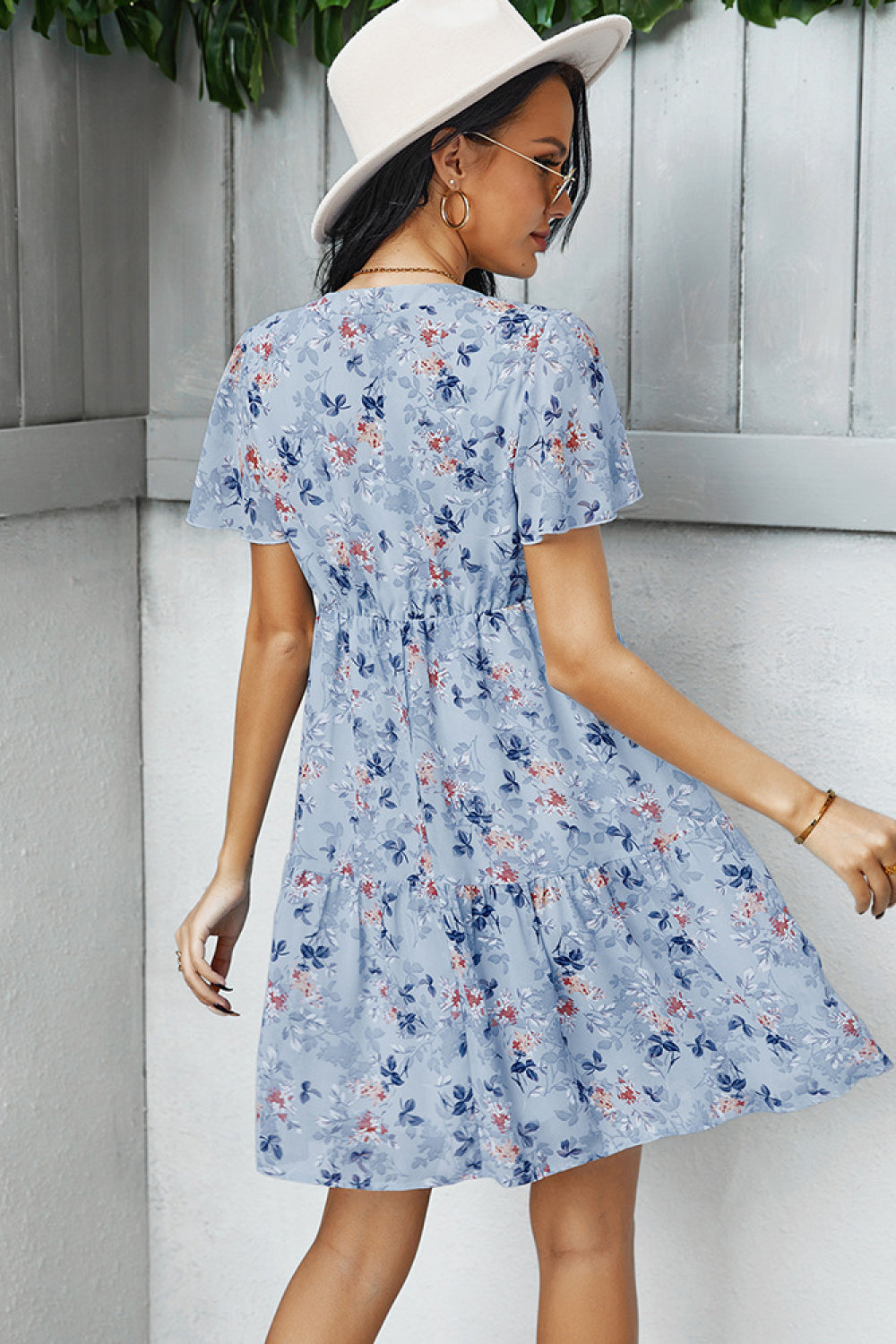 Floral Notched Tiered Short Sleeve Dress