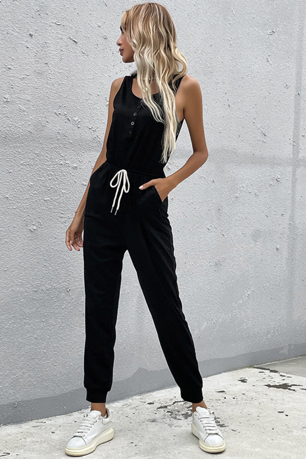 Drawstring Elastic Waist Sleeveless Jumpsuit Drawstring Elastic Waist Sleeveless Jumpsuit - M&R CORNER Trendsi