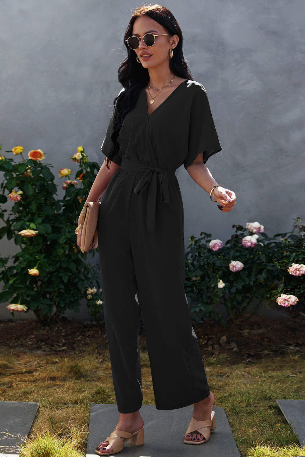 Tie-Waist Surplice Wide Leg Jumpsuit