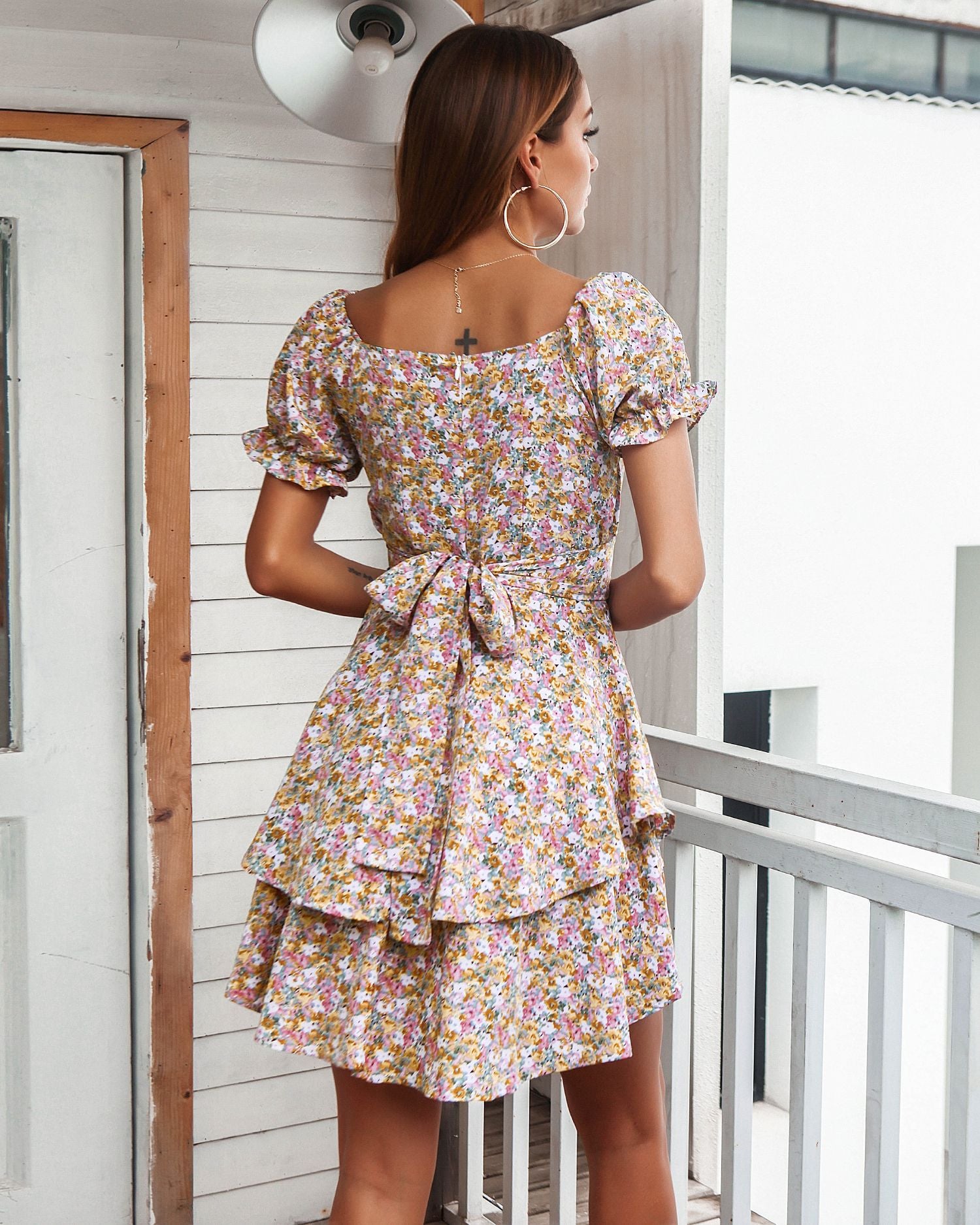 Ditsy Floral Puff Sleeve Layered Mini Dress