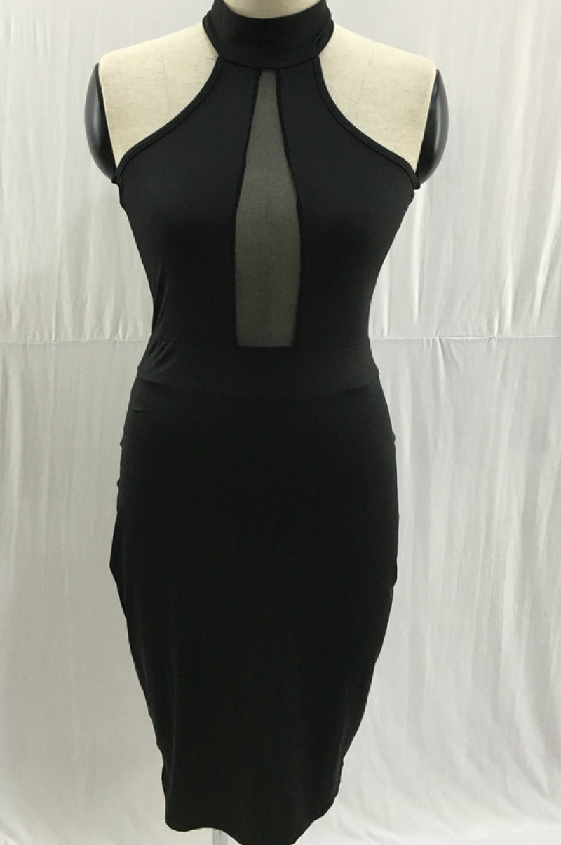 Mesh Front Halter Dress with Keyhole