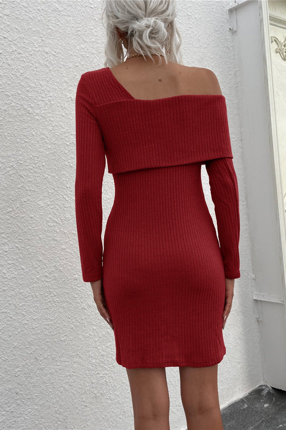 Asymmetrical Fold-Over Neck Ribbed Mini Dress