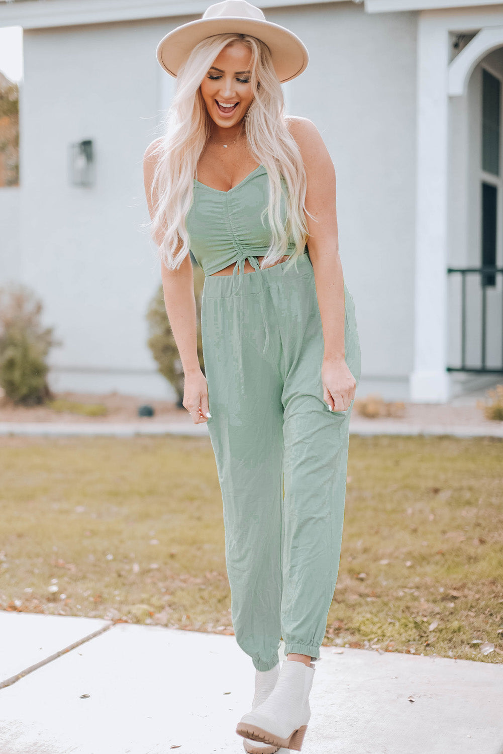 Ruched Spaghetti Strap Cutout Jumpsuit