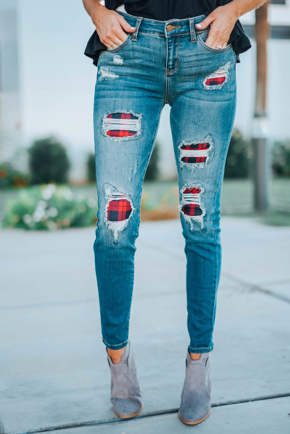 Plaid Patch Destroyed Jeans