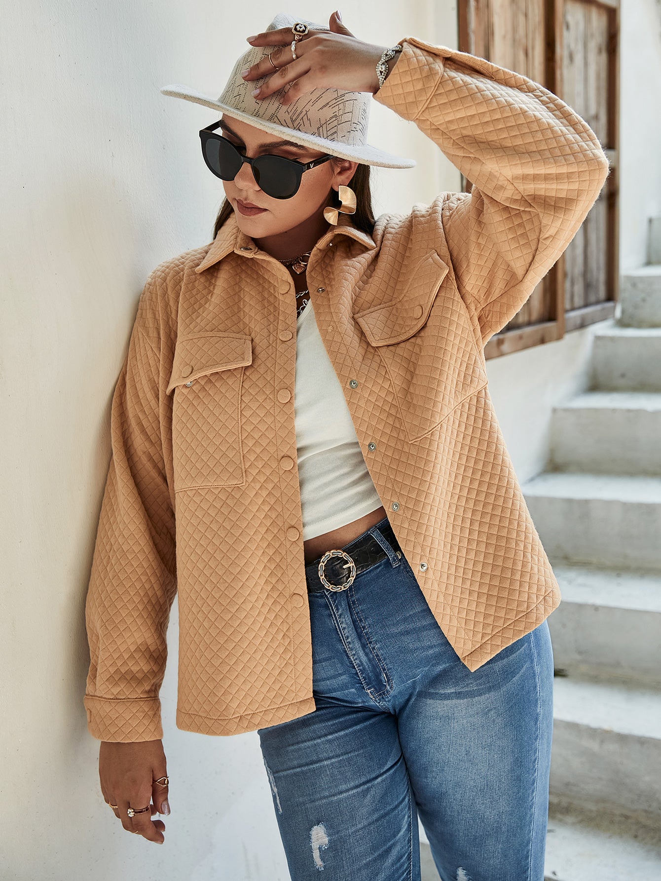 Plus Size Quilted Snap Front Shirt Jacket