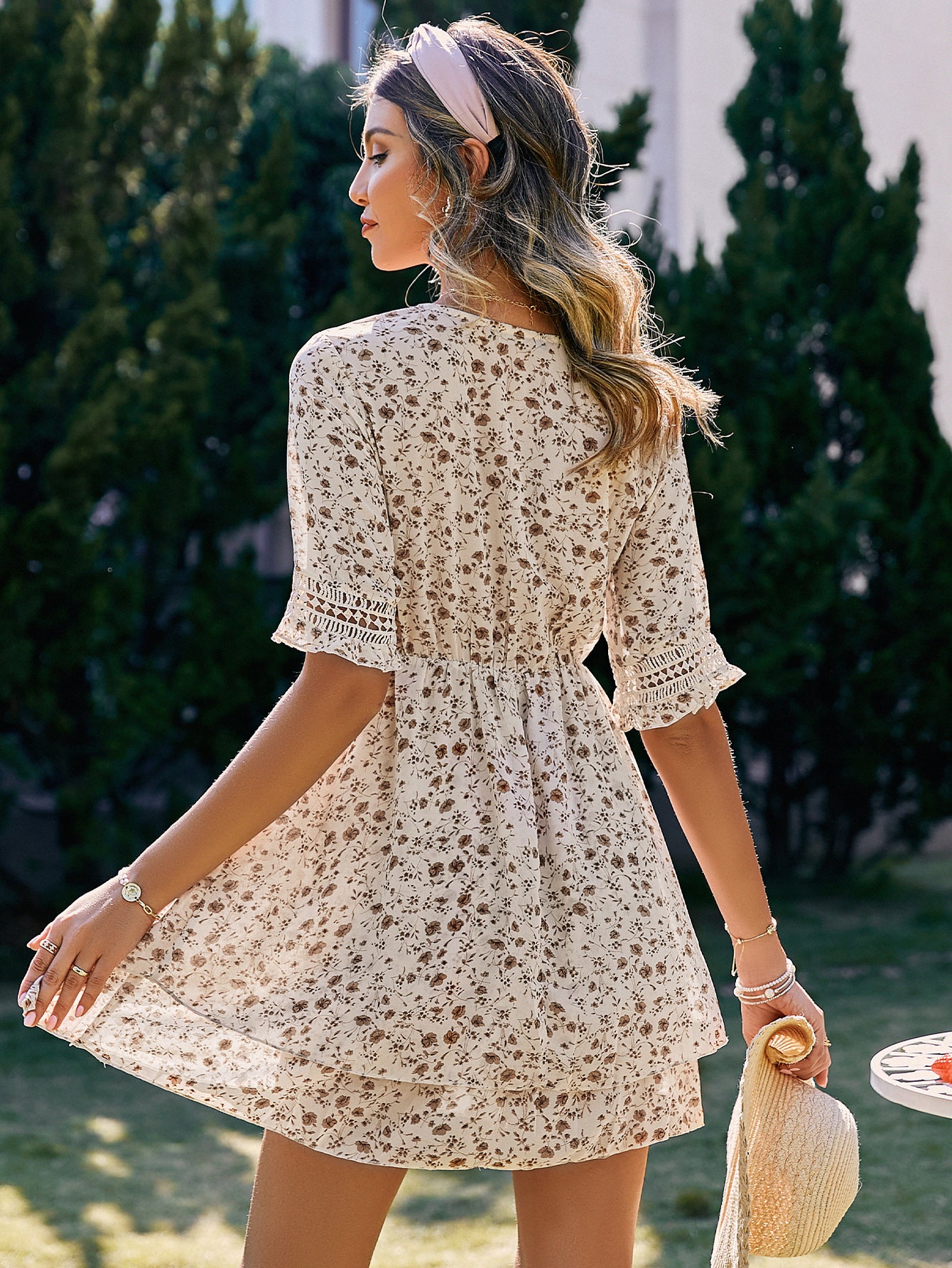 Floral Tie Front Layered V-Neck Mini Dress