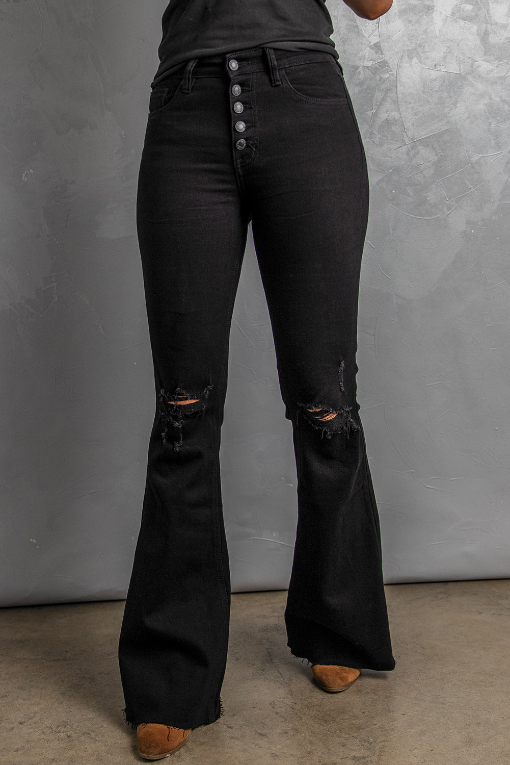 Button Fly Distressed Flared Leg Jeans