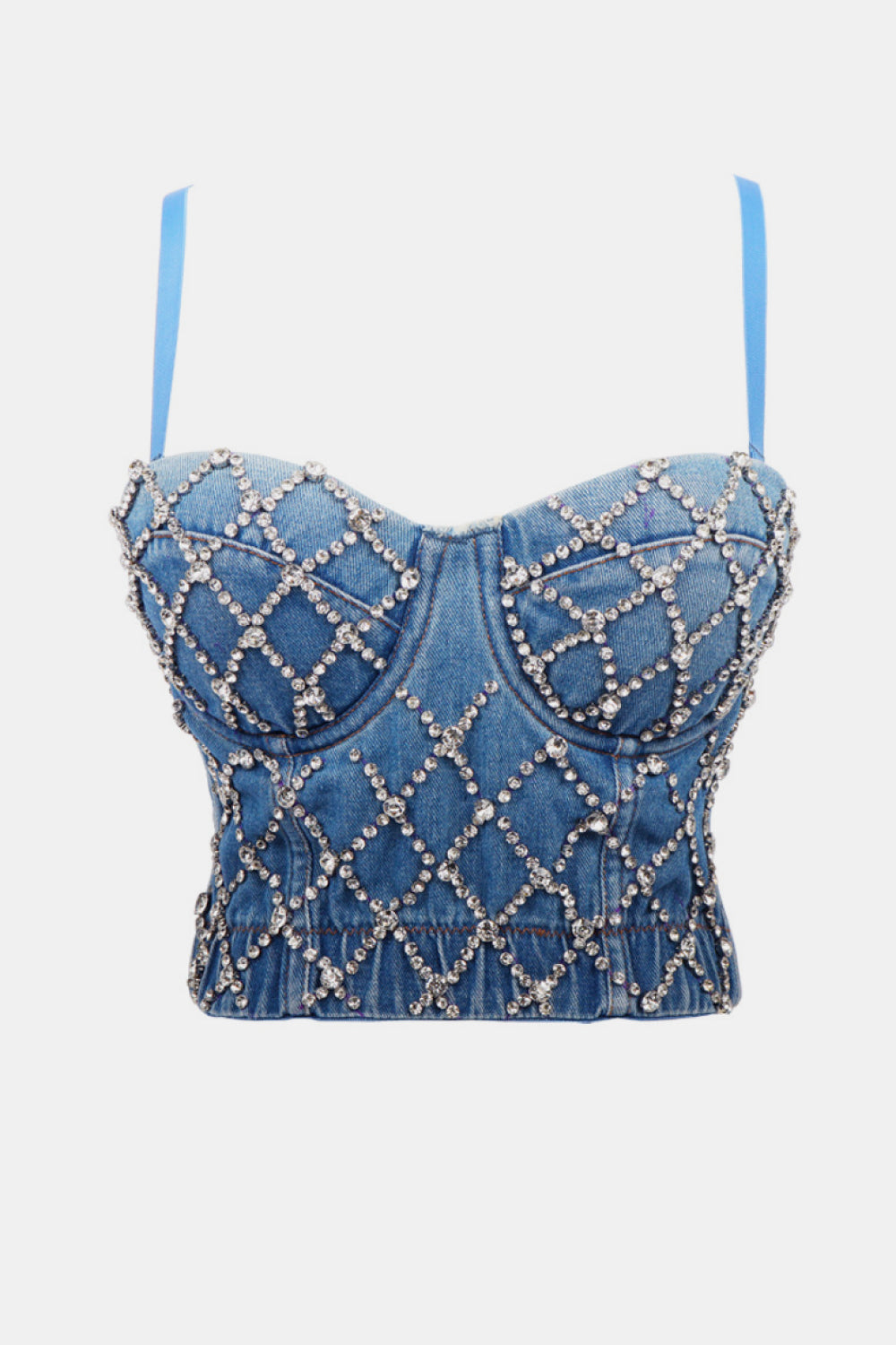 Cropped Denim Rhinestone Fishnet Bustier