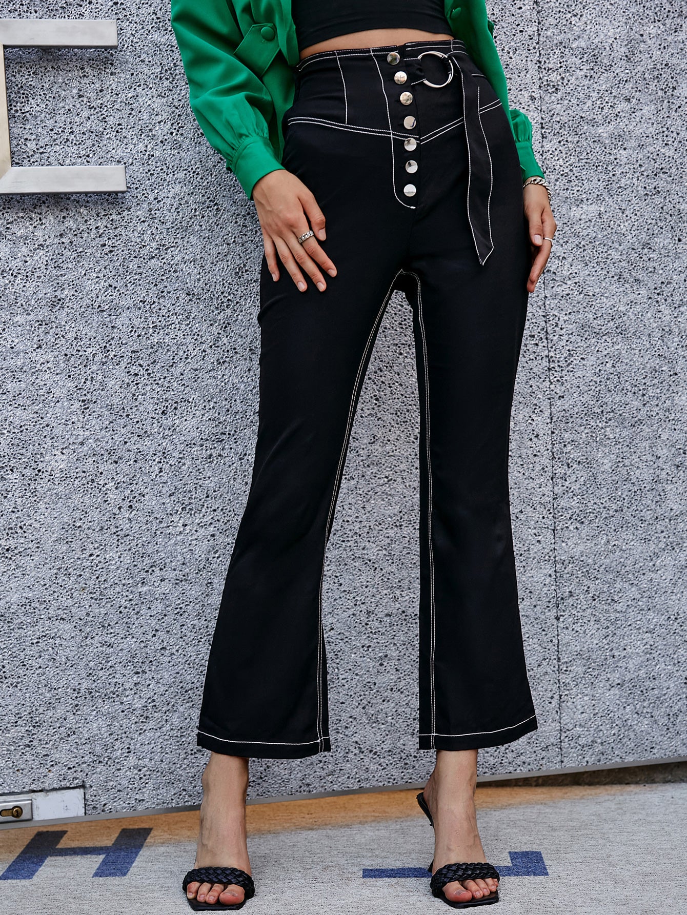 Belted Button Fly Cropped Bell Bottoms