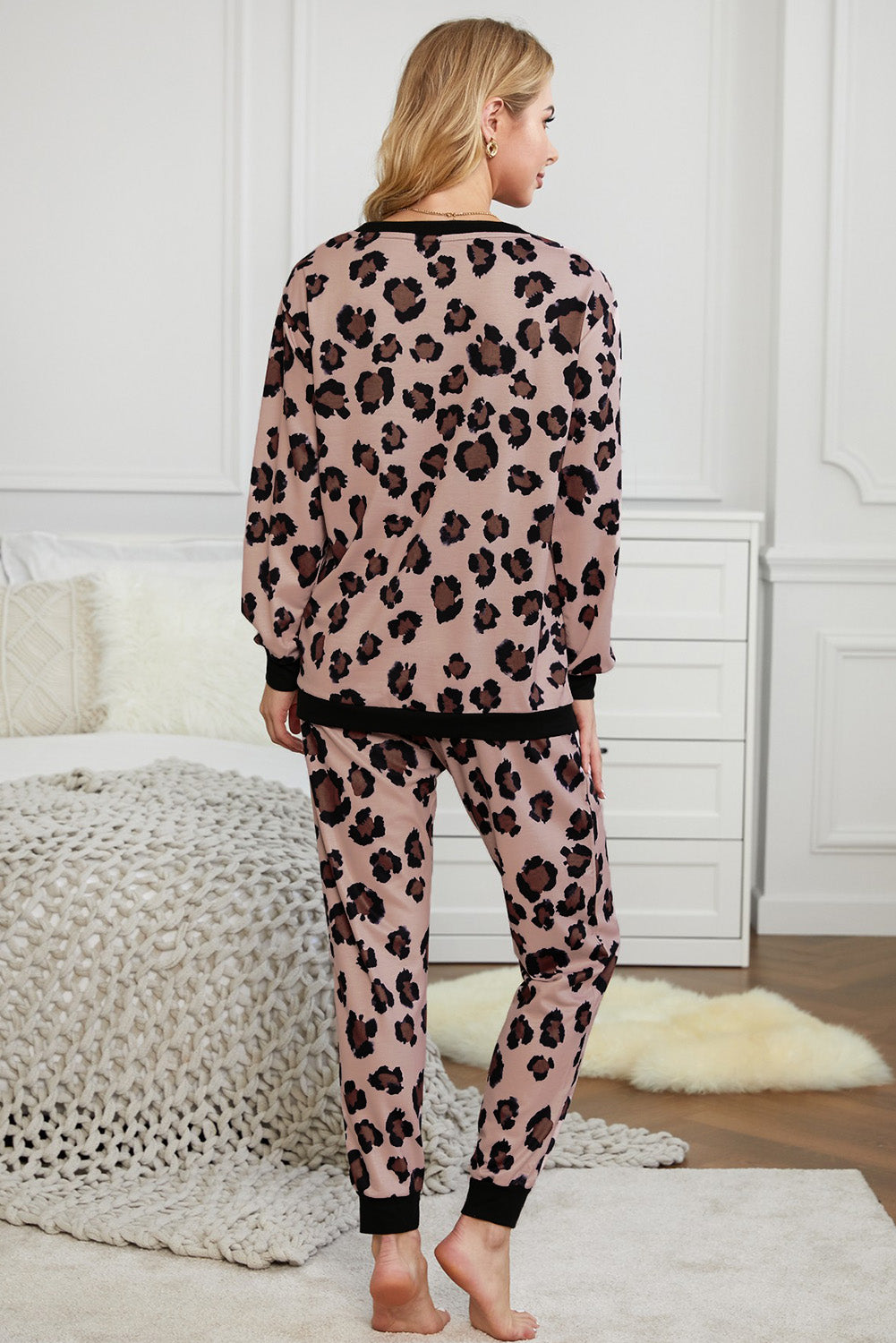 Leopard Print Long Sleeve Pants Lounge Set