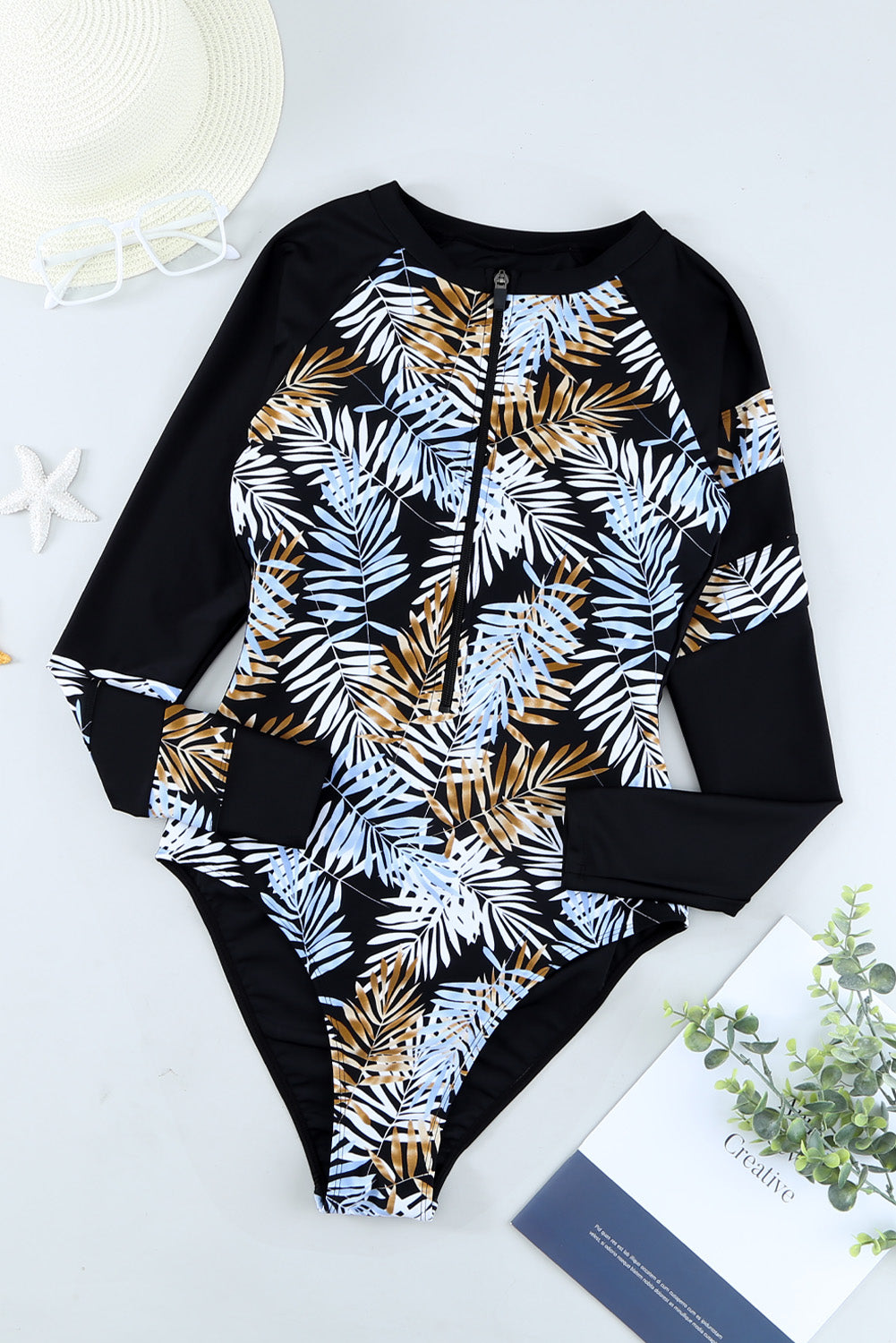 Botanical Print Zip Up Long Sleeve One-Piece Swimsuit