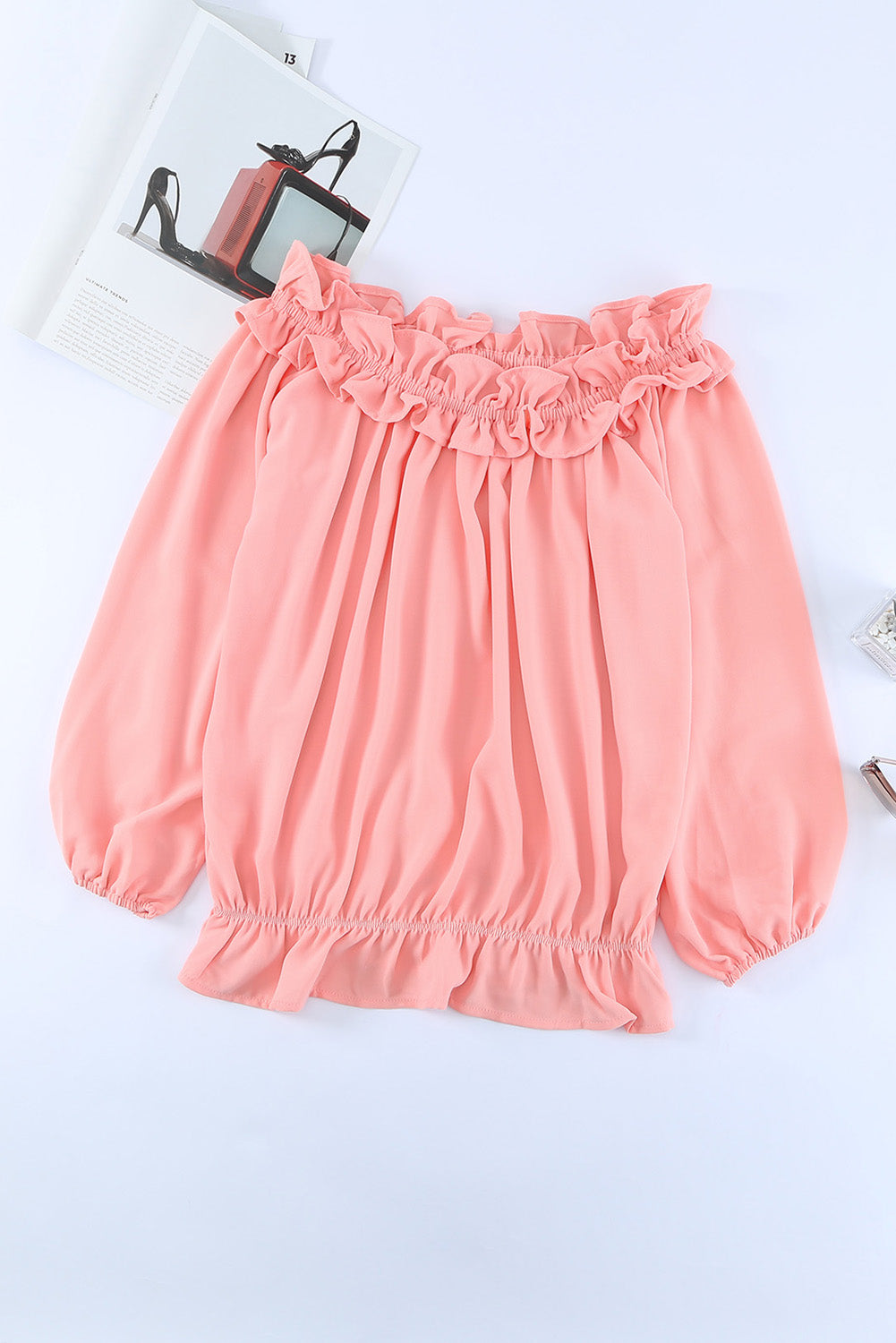 Pink Puff Sleeve Ruffled Off Shoulder Blouse