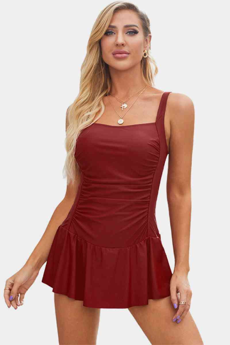 Solid Sleeveless One Piece Skirt Swimsuit